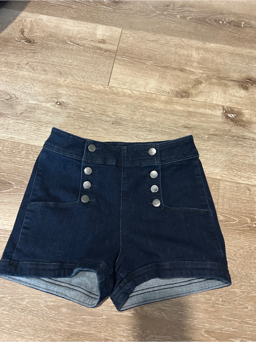 Express Navy High-Waist Button-Front Denim Shorts